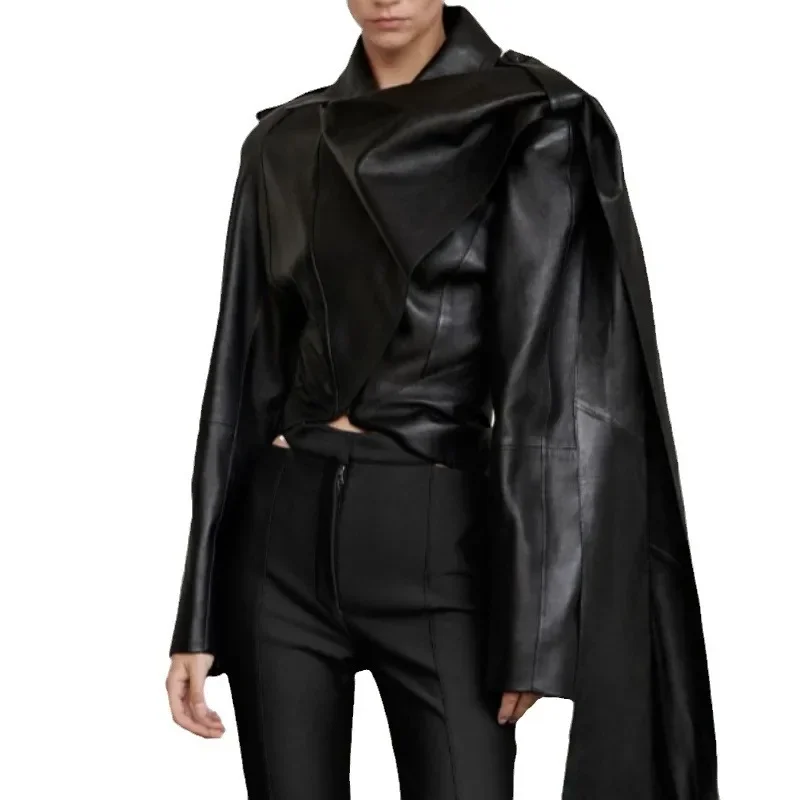 Mode Faux PU Leren Jas Vrouwen Sjaal Kraag Cape Lange Mouw Slanke Jassen Vrouwelijke Herfst Patchwork Dames Streetwear