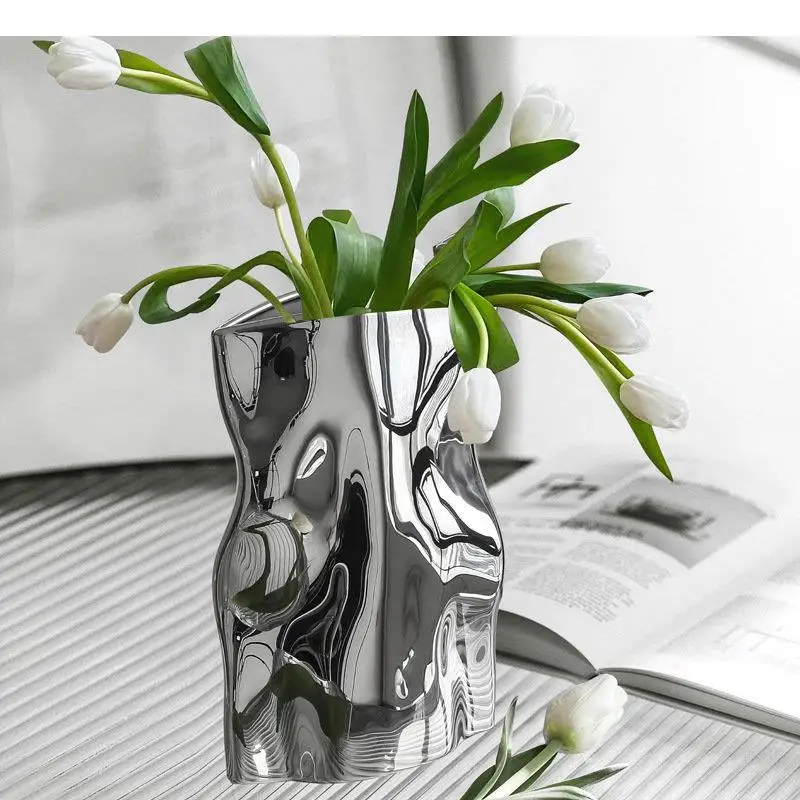 Silver Plated Ceramic Vase Pleated Bag Shape Flower Pots Desk Decoration Artificial Flowers Decorative Floral Arrangement Vases