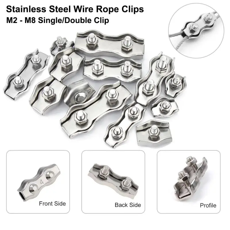 

2-5pcs Waterproof Stainles Steel Wire Rope Clips - M2-M6 Single/Double Grip Cable Clamps, Chuck Lock Fasteners for Hardware