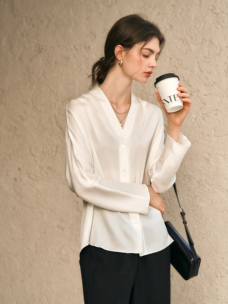 OLrain Women's White Shirts 2025 Autumn Office Lady V-neck Female Shirts Elegant Button Long Sleeve Ladies Shirt M57CC95912