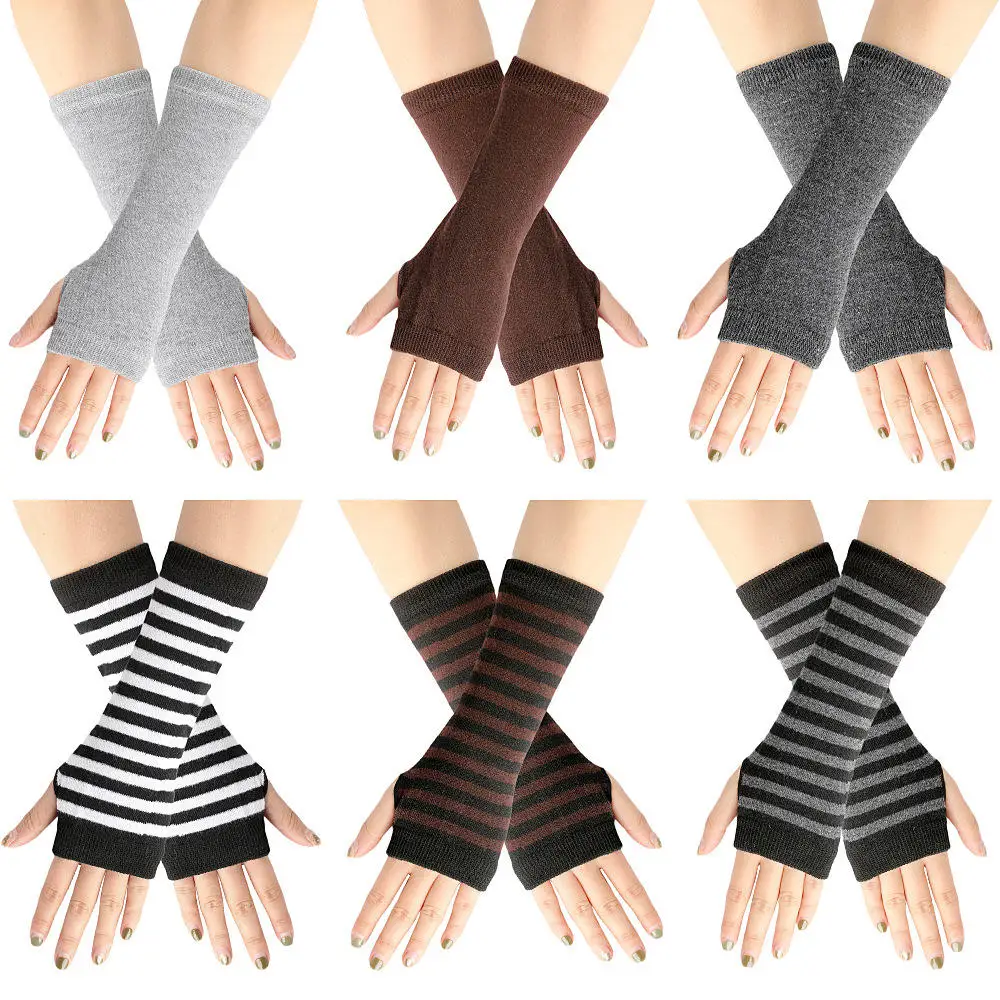 Autumn Women Fingerless Gloves Emo Gloves Lady Striped Long Gloves Warmer Knitted Elbow Mittens Anime Accessories Gloves New