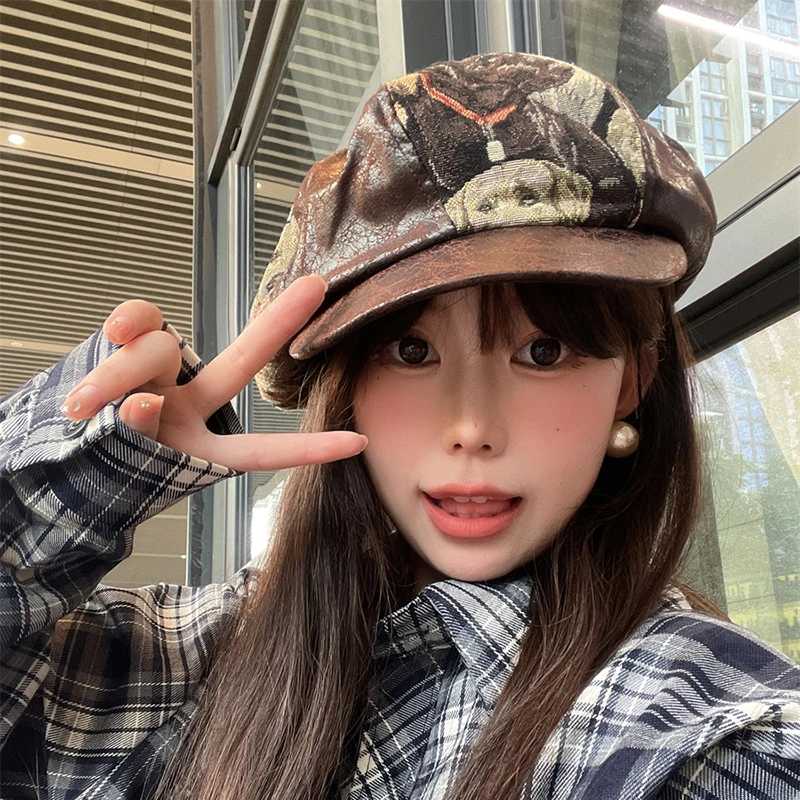 Y2K Autumn Winter Loose Cloud Berets Hats for Women Korean Fashion Dog Jacquard Painter Cap Showing Retro Octagonal Gorra Bonnet