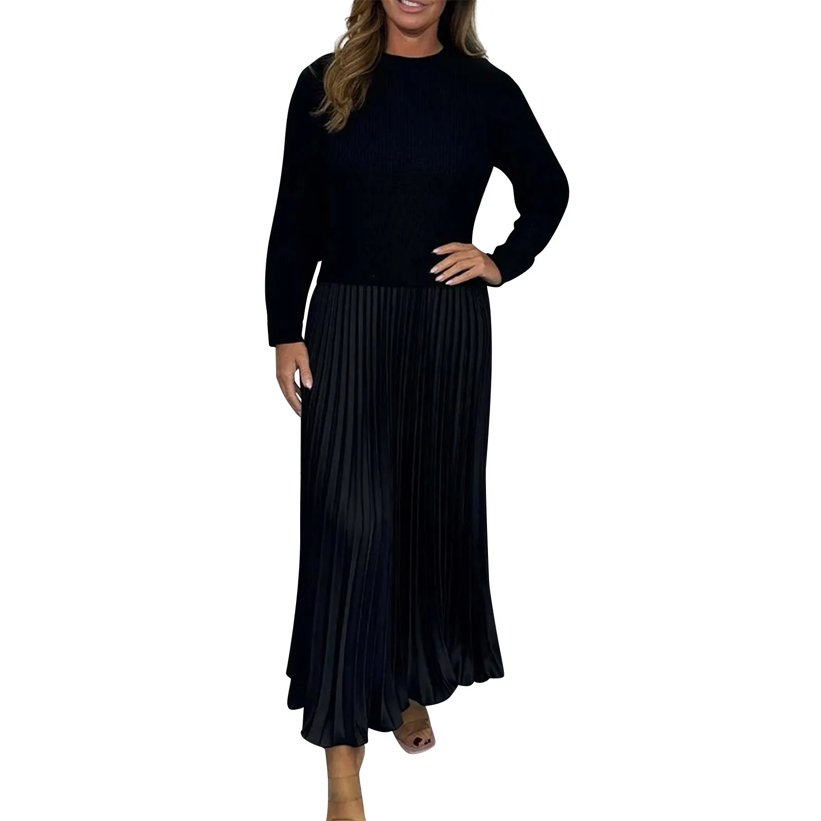 

Spring 2025 New Dresses Casual Loose Pleated Women'S Knitting Dresses Female Straight O-Neck Short Sleeve Womens Long Dress