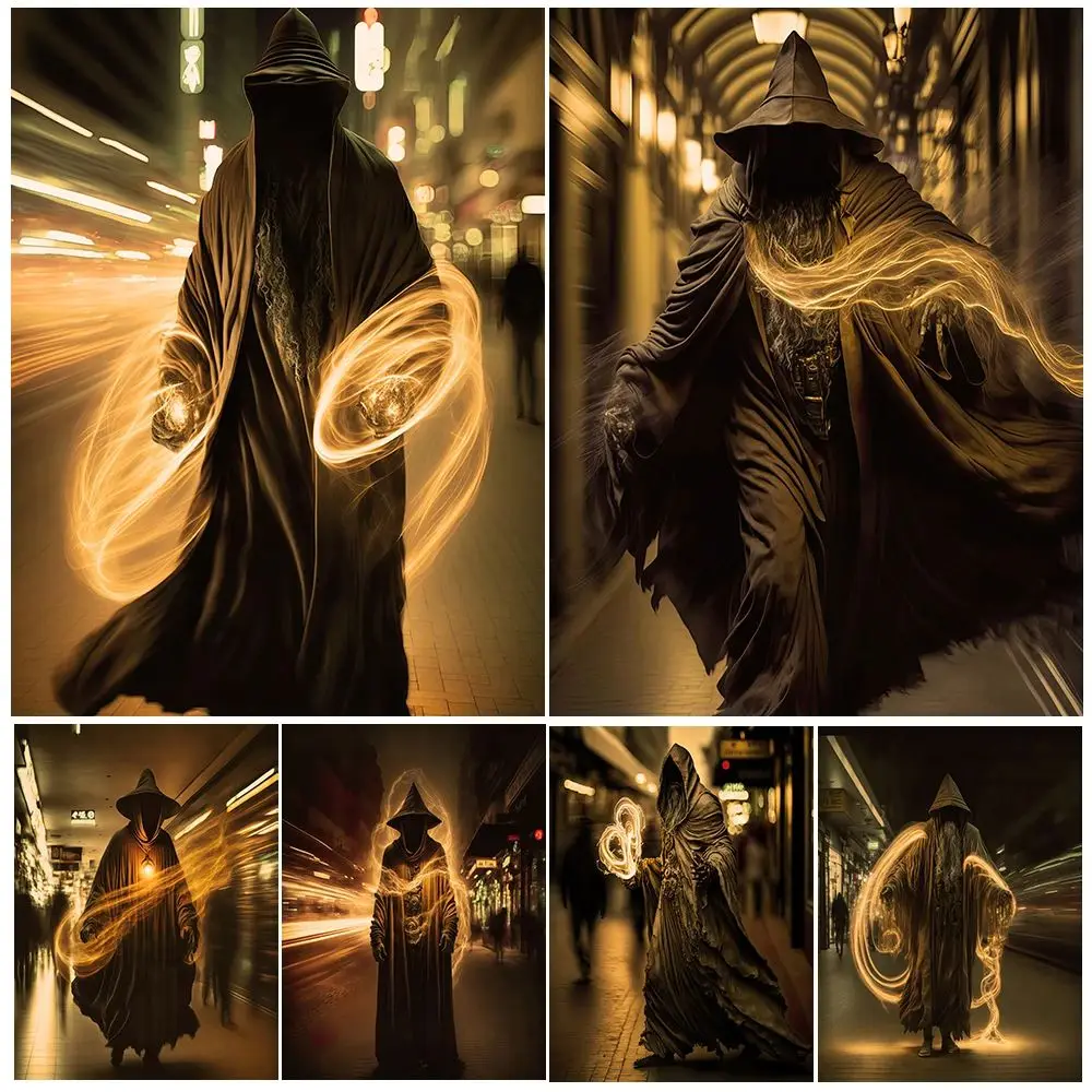 

Vintage Magician In The City Black Wizard Abstract Wall Art Canvas Painting Art Poster And Print Home Decoration Unframed