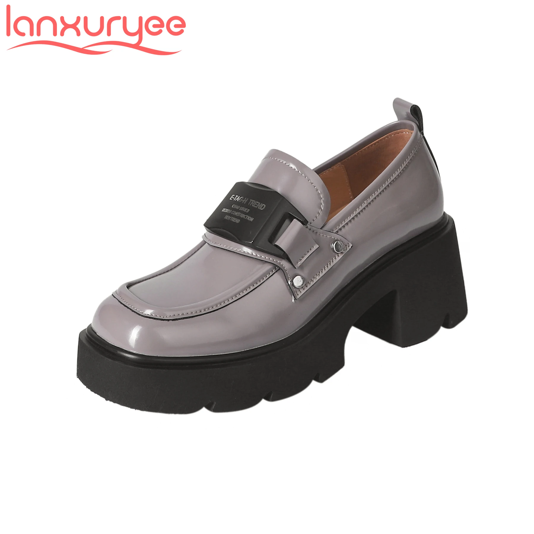 Lanxuryee 2024 Cow Leather Square Toe Slip On High Heels Platform Casual Spring Shoes Gift Solid Loafers Comfortable Women Pumps