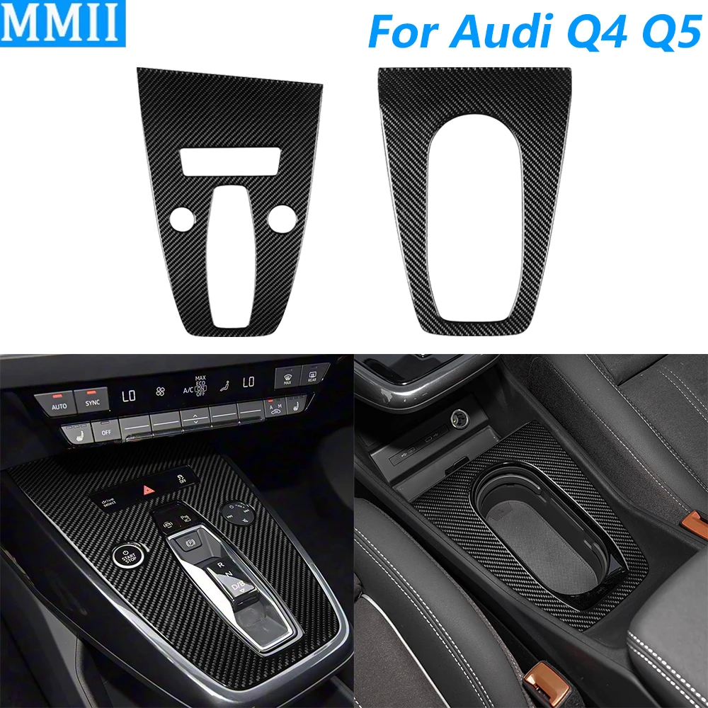 

For Audi Q4 Q5 E-tron 2021-2025 Carbon Fiber Central Control Gear Shift Water Cup Holder Panel Cover Set Car Accessories Sticker