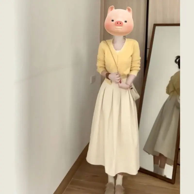 Jaune Long Sve Dr ensemble femmes nouveau Sle début automne système coréen petite taille t-shirt quart Sve coton décontracté Dr