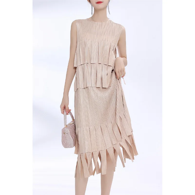 Miyake Dress 2024 Spring/Summer New Small Style Design Sense Tassel Sleeveless Round Neck Fashion Pleated Midlength Dress