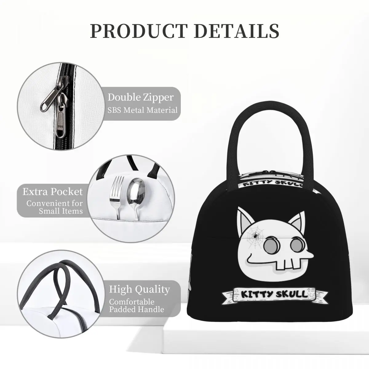 كيتي الجمجمة L مضحك هالوين الهيكل العظمي القط معزول حقيبة الغداء للنساء الأطفال مانعة للتسرب صناديق الطعام علب الاغذية الحرارية حمل #4