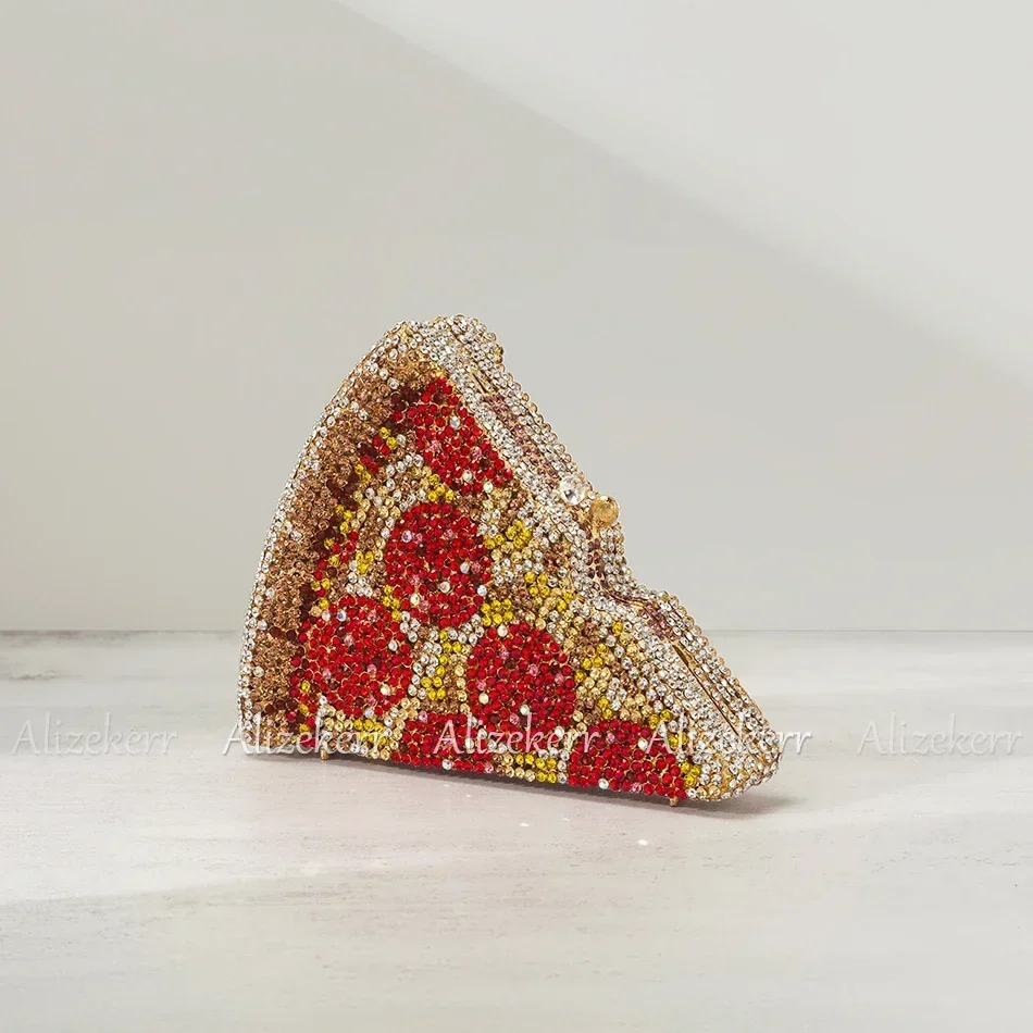 Alizekerr Pizza Shaped Diamond Evening Clutch Bags 2024 New Gorgeous Unique Metallic Watermelon Rhinestone Purses Wedding Party