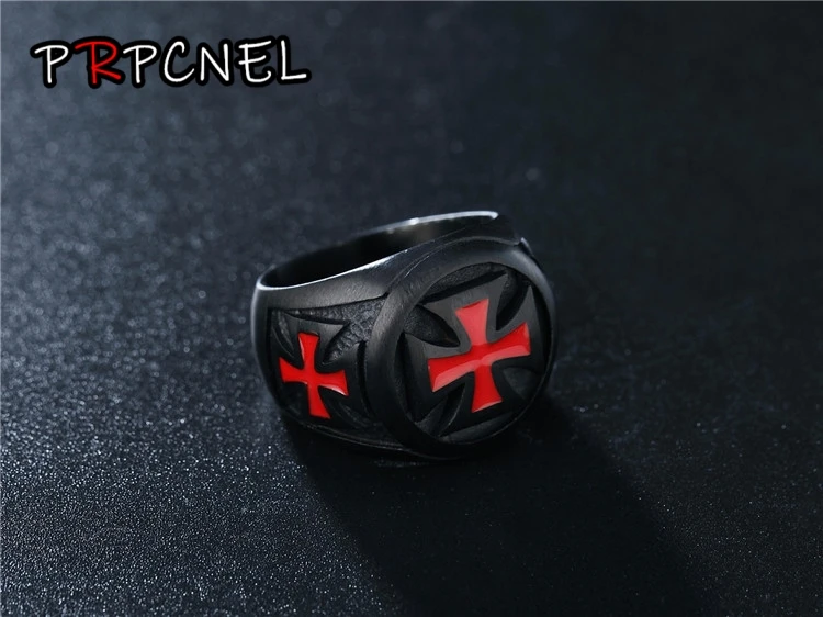 Men\'s Rings Black color Stainless Steel Red Armor Shield Knight Templar Crusader Cross Ring Punk Jewelry Drop Shipping
