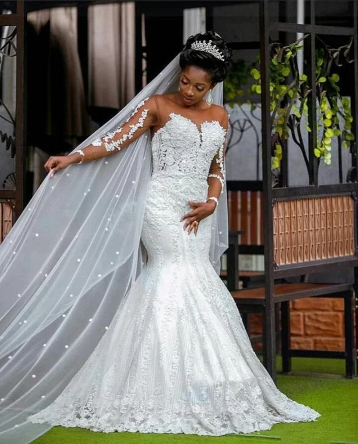 Customized Custom Made Mermaid Wedding Dress Bridal Gown Long Sleeves Lace Plus Size African Wedding Gown