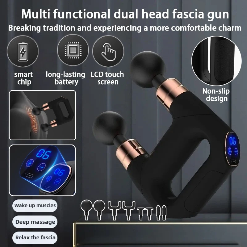 

Многофункциональный пистолет для фасции с двойной головкой, USB-зарядка, ЖК-дисплей, электрический портативный профессиональный фитнес-массажер для глубокого расслабления мышц