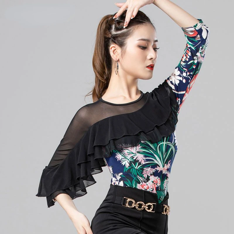 Latin Dance Top Women\'s New Ballroom Dance Practice Clothes Modern Dance Waltz Long Sleeve Ruffle Jumpsuit