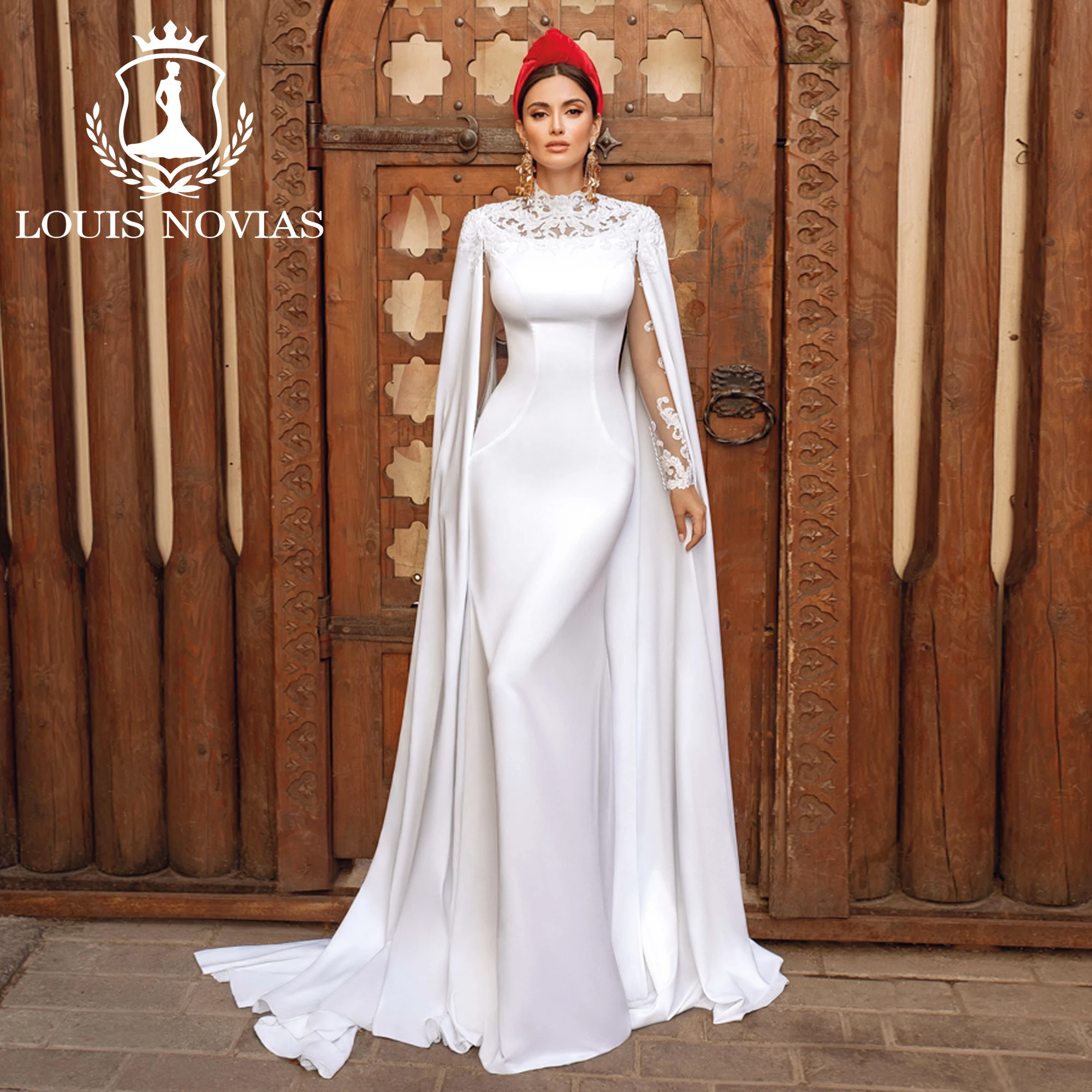 

LOUIS NOVIAS Long Sleeves Mermaid Wedding Dress For Women Draped HIGH Appliques Mit Cape Royal Bridal Dress Vestidos De Novia