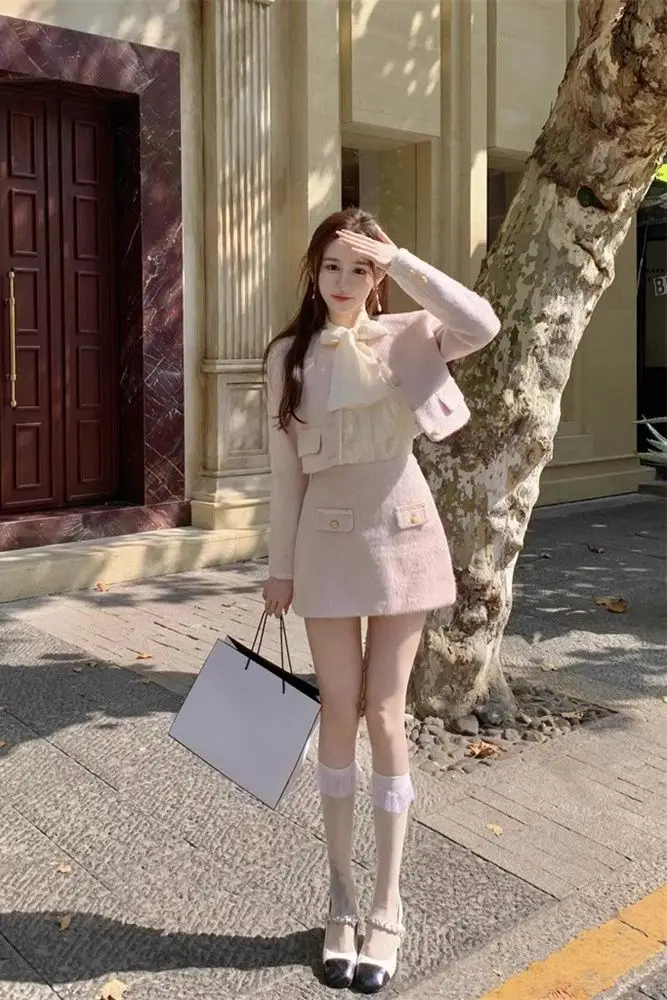 

Осенний светский розовый твидовый комплект из двух предметов во французском стиле для женщин, короткая шерстяная куртка и мини-юбка трапециевидной формы, элегантный модный наряд