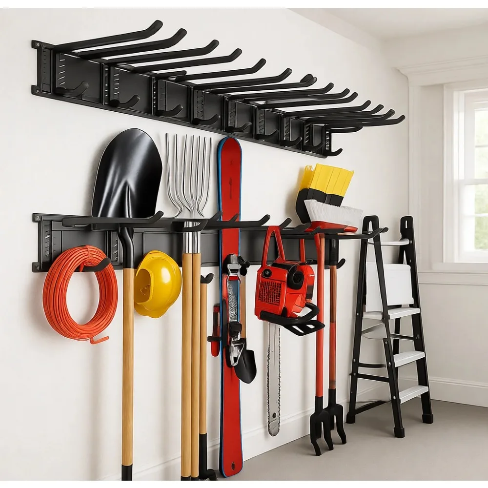 

Настенный органайзер для инструментов 48 дюймов, сверхпрочная стойка для хранения с 6 регулируемыми крючками для садового сарая, гаража