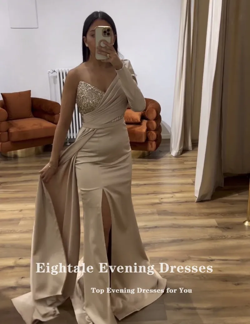 Eightale Arabic Evening Dresses One Long Sleeve Satin Mermaid Prom Gown Satin Champagne Wedding Guest Party Gown Robes De Soirée