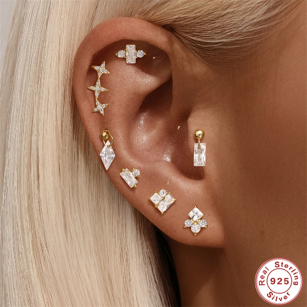 AIDE 925 Sterling Silver 18K Gold Color Opal Female Simple Stud Earrings For Women Flat Spiral Zircon Ear Bone Piercing Jewelry