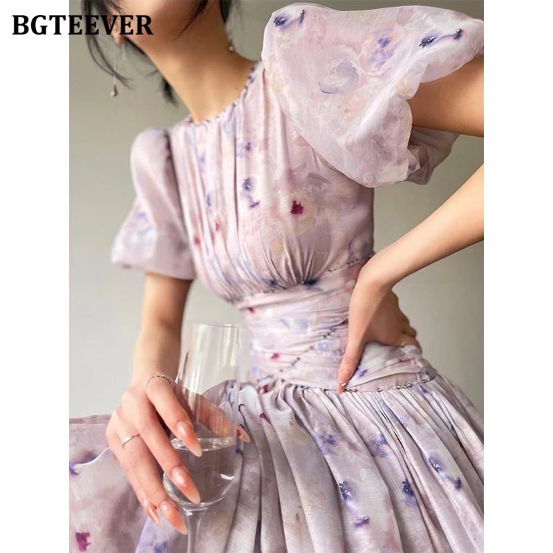 BGTEEVER French O-neck Slim Waist Female A-line Dress Elegant Puff Sleeve Women Floral Dress Mid-length Summer Vestidos