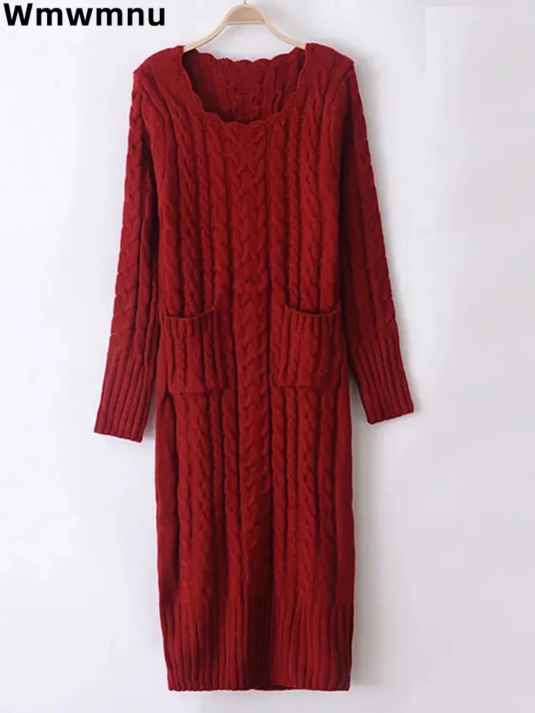 

Korean Soft Thick Knitted Dress Loose Elegant Straight Midi Dresses Warm Casual Sweater Vestidos Mujer Fall Winter Knitwear Robe