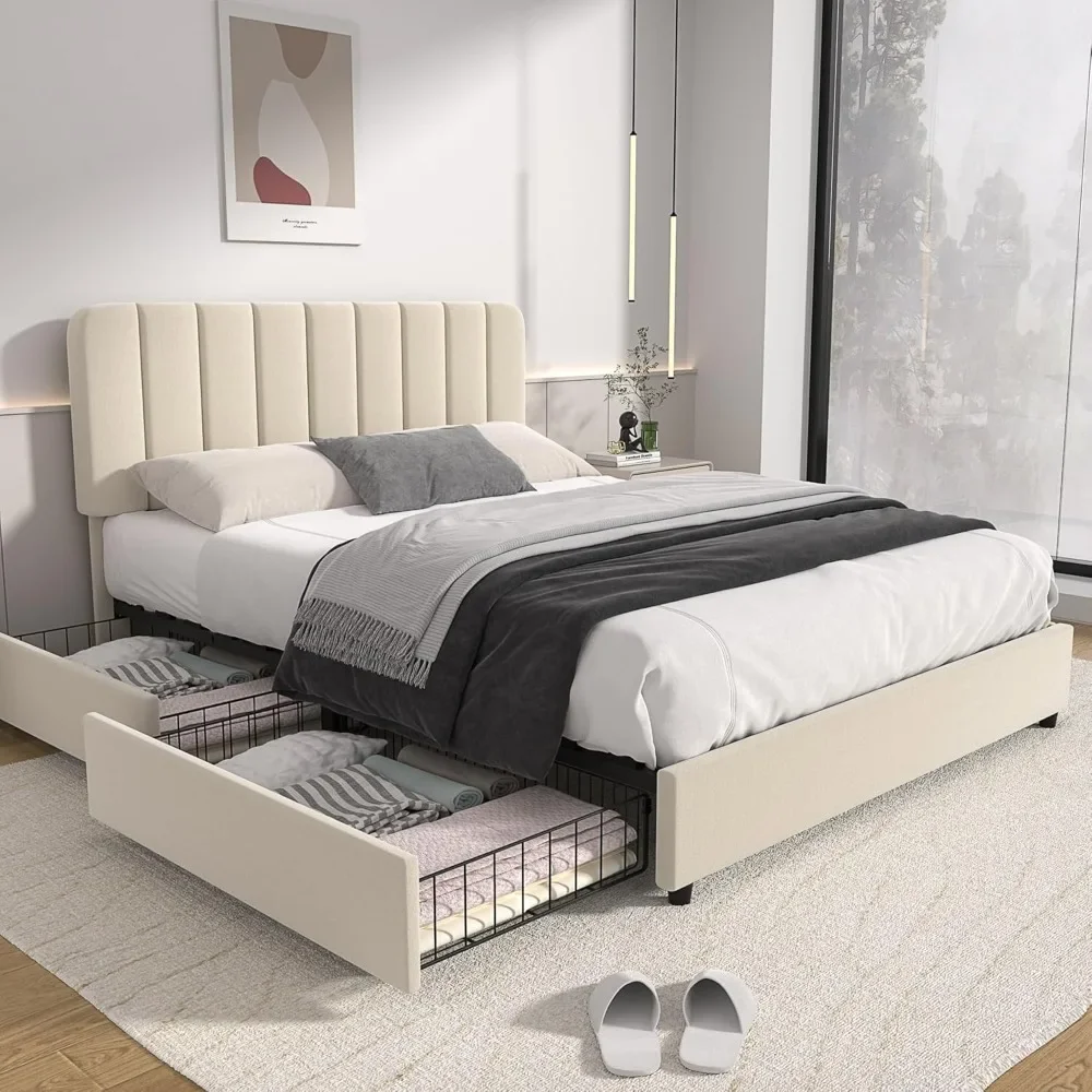 

Upholstered Bed Frame with 4 Drawers and Adjustable Headboard, Velvet Platform Storage Bedframe Mattress Foundation