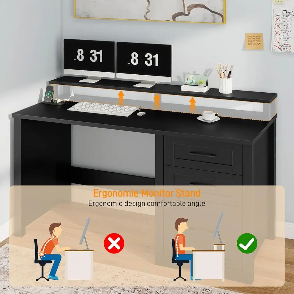 مكتب تنفيذي بذراع مقاس 47 بوصة مع حامل شاشة وأضواء LED ومنافذ طاقة للمكتب المنزلي والدراسة والكتابة باللون الأسود