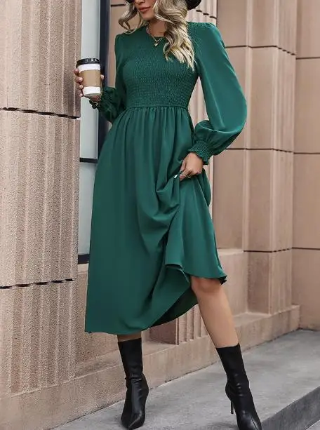 فستان نسائي لخريف وشتاء 2025 موضة جديدة غير رسمية بلون سادة ورقبة دائرية وأكمام طويلة ملابس نسائية #2