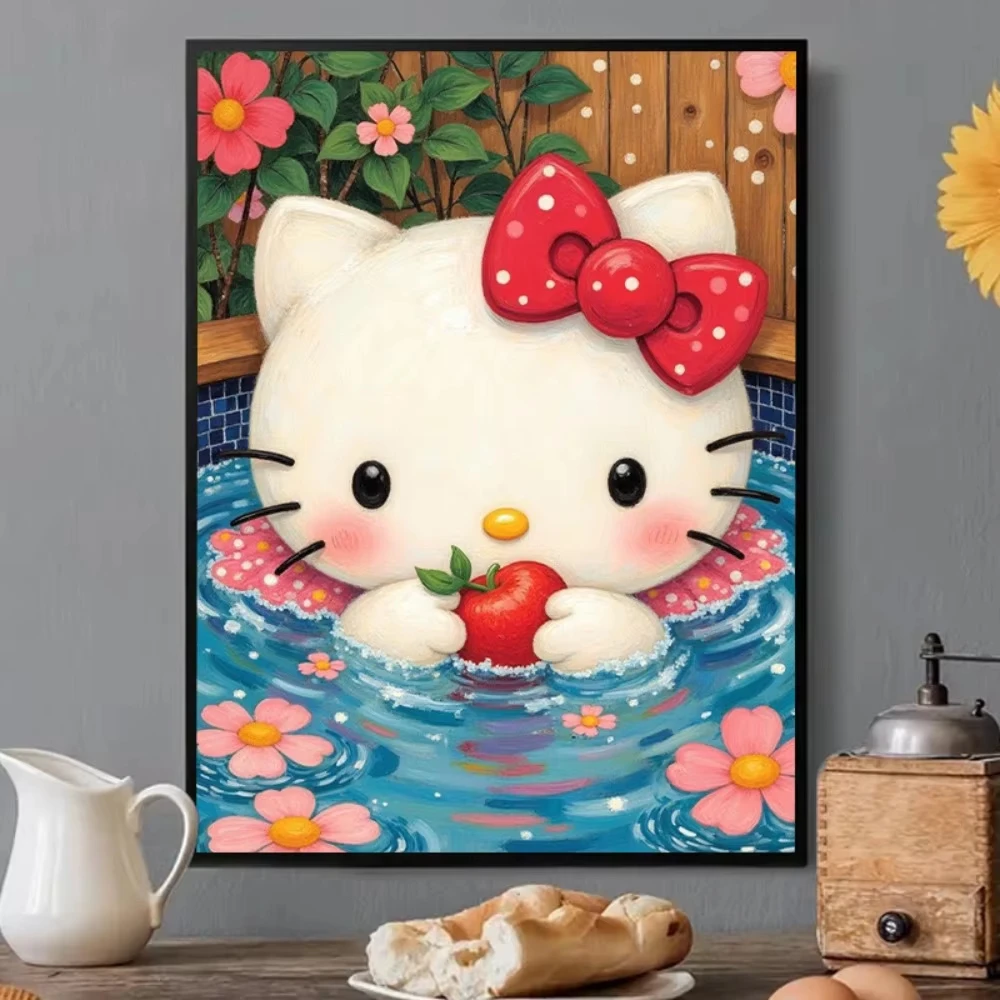 Wallpaper Art And Craft - ชุดงานฝีมือเพชร 5D DIY ลายเฮลโลคิตตี้อาบน้ำฟองสบู่และแอปเปิ้ล งานศิลปะโมเสกเพชรเต็มรูปแบบ สำหรับตกแต่งผนัง
