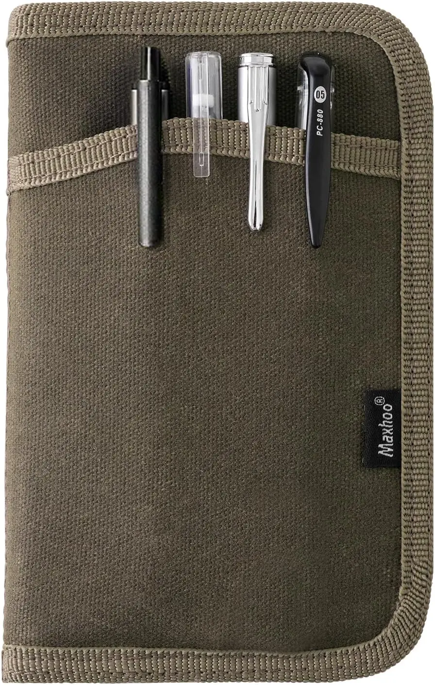 

Waxed Canvas Notebook Cover for 3.5x5.5 Journals, Zipper Pen Holder, Olive