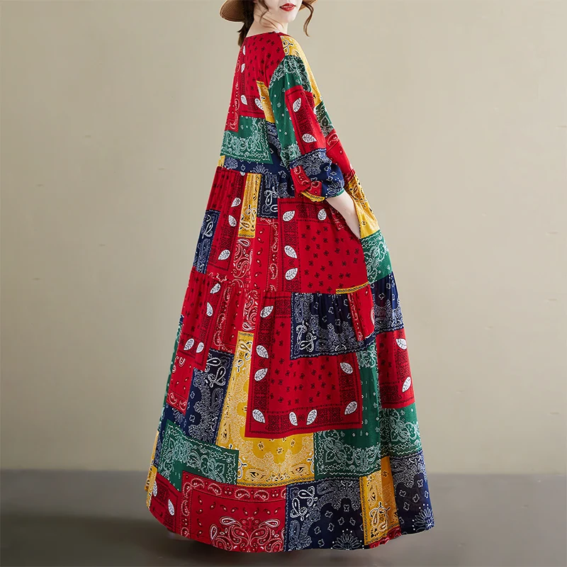 Retro floral impressão longo sve redondo ne dr para meia-idade e ly solto a linha silhueta casual algodão confortável