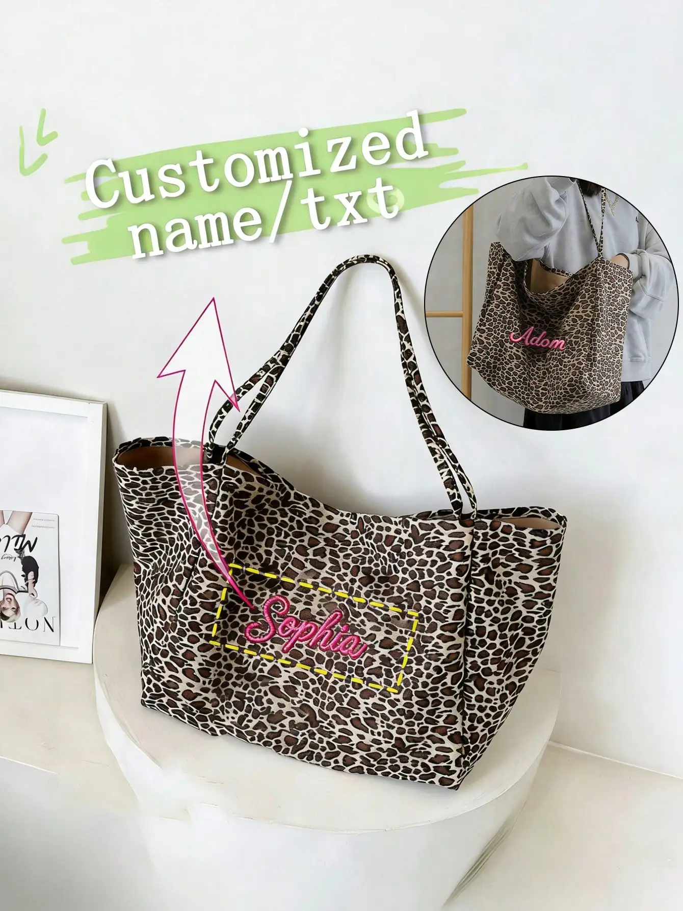 Custom Name Leopard Print Tote Bag Women Large Capacity Shoulder Bag Casual Shopping Handbag Personalized Embroidery Gift Her