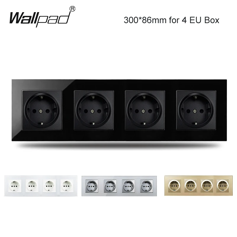 16A Quadruple EU Wall Socket Crystal Glass Frame 4 Electrical Power Sockets Outlet White Black Golden Grey 110V 250V For Home