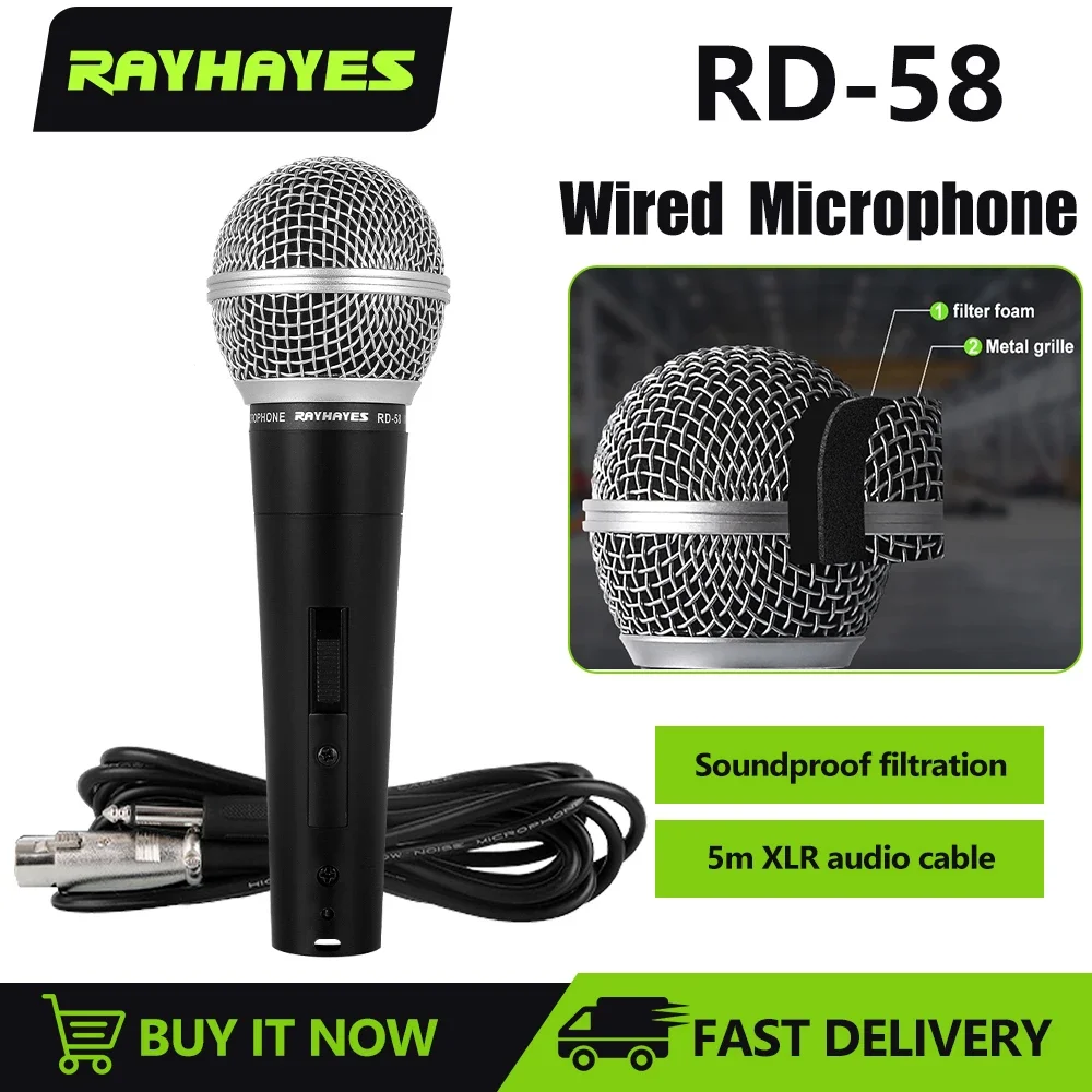 

RAYHAYES RD-58 Supercardioid Dynamic Microphone Professional Vocal Wired Microphone Suitable for Karaoke and Studio Recording