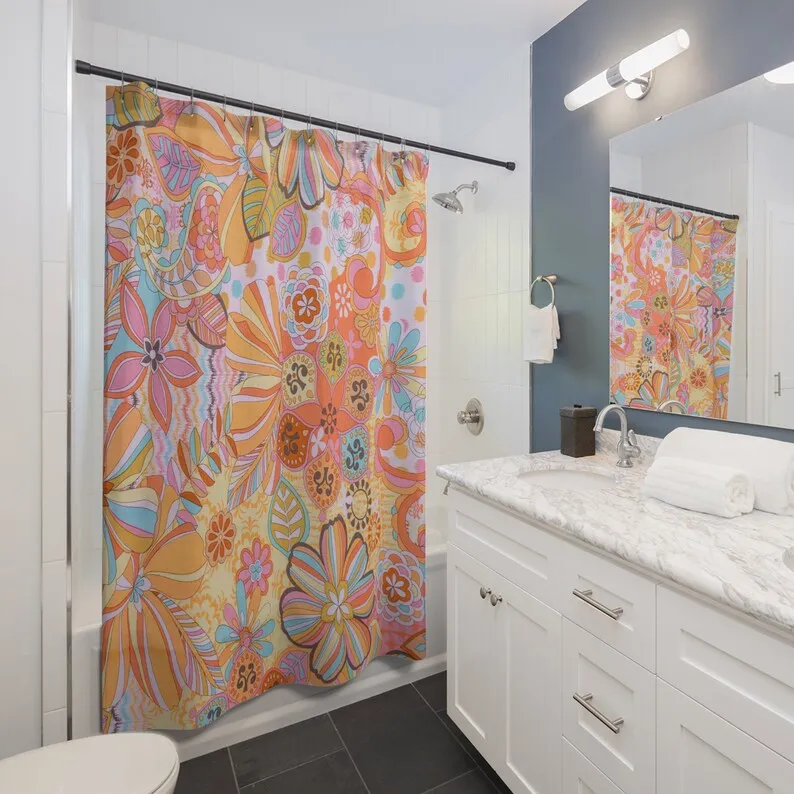 Retro Trippy Flower Power Shower Curtain Mid Mod Hippie Chic Floral Bathroom Decor with Groovy Orange, Yellow, and Blue Palette