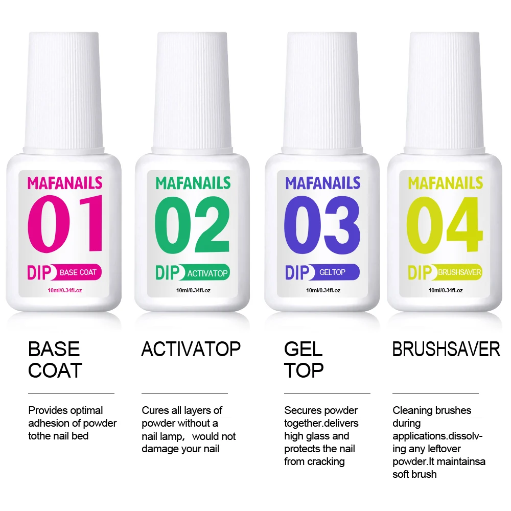 

10ml Dipping Powder Liquid Set 4-Step Dip Powder System Essential Base & Top Coat Activator Brushsaver For Nail Dipping Powder