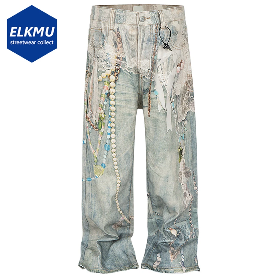 

Pearl Graphic Baggy Jeans Unisex Blue Loose Straight Denim Pants Streetwear Harajuku Hip Hop Jeans with Print