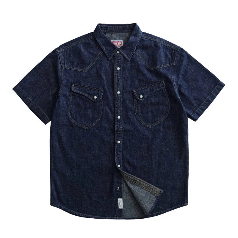 Sauce Zhan Mens Shirts Summer Short Sleeve Vintage Linen Indigo Denim Shirt Double Pockets Regular Fit