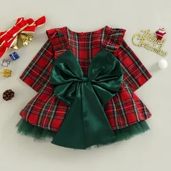 Toddler Baby Girl Christmas Dress Fall Winter Clothes Plaid Print Long Sleeve Round Neck Ruffled Tulle Patchwork A-Line Dress