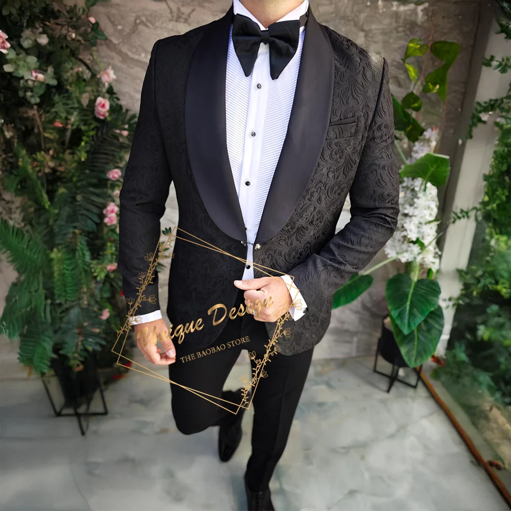 

Черный жаккардовый мужской костюм, комплект из 2 предметов, куртка и брюки, церемониальный костюм, рекомендованный для свадьбы, жениха, выпускного вечера, индивидуальный смокинг