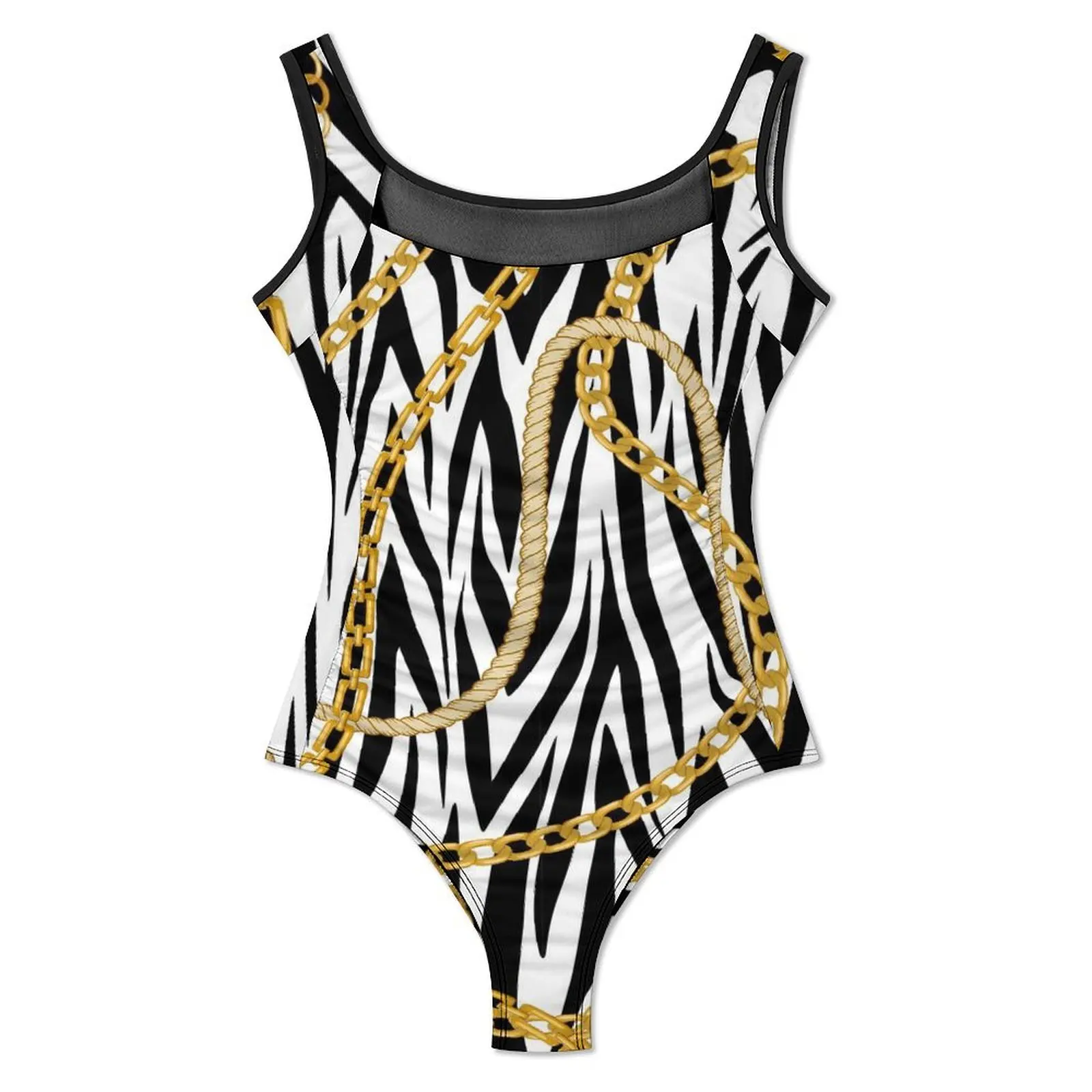 Gold Chains Swimsuit Zebra Striped Swimwear One Piece Surfing Graphic Swimsuits High Cut Monokini Female Push Up Sexy Beach Wear