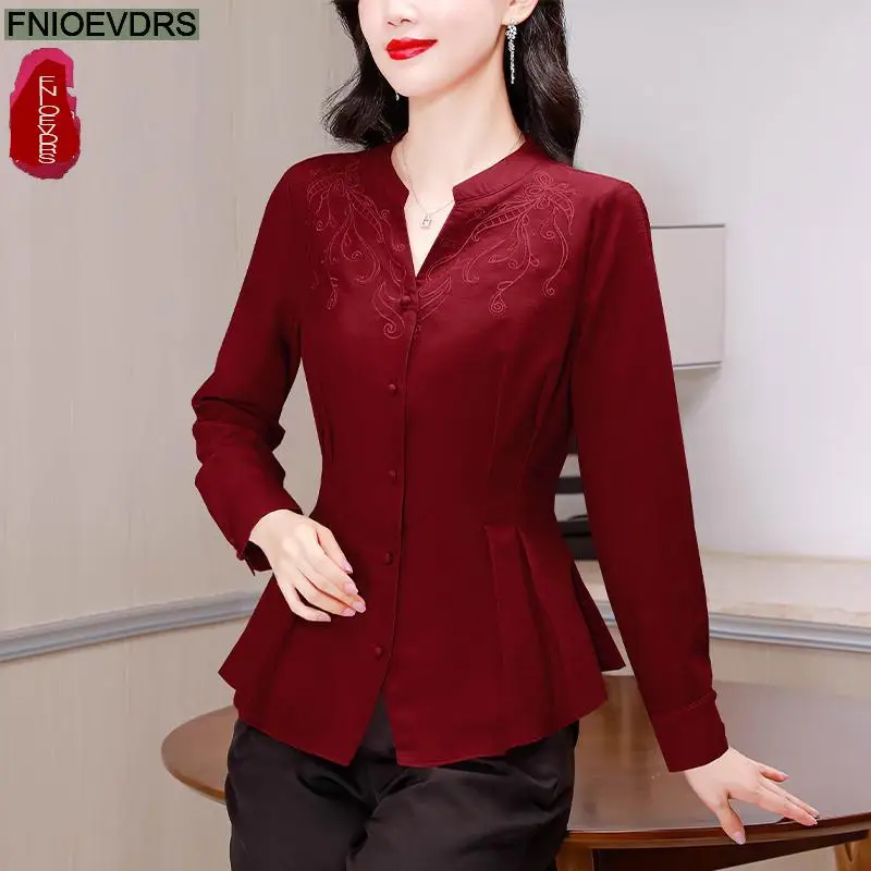 Loose Clothes Women 2024 Autumn Elegant Office Lady Button Shirts Casual Retro Vintage Embroidery Tunic Peplum Tops Blouses