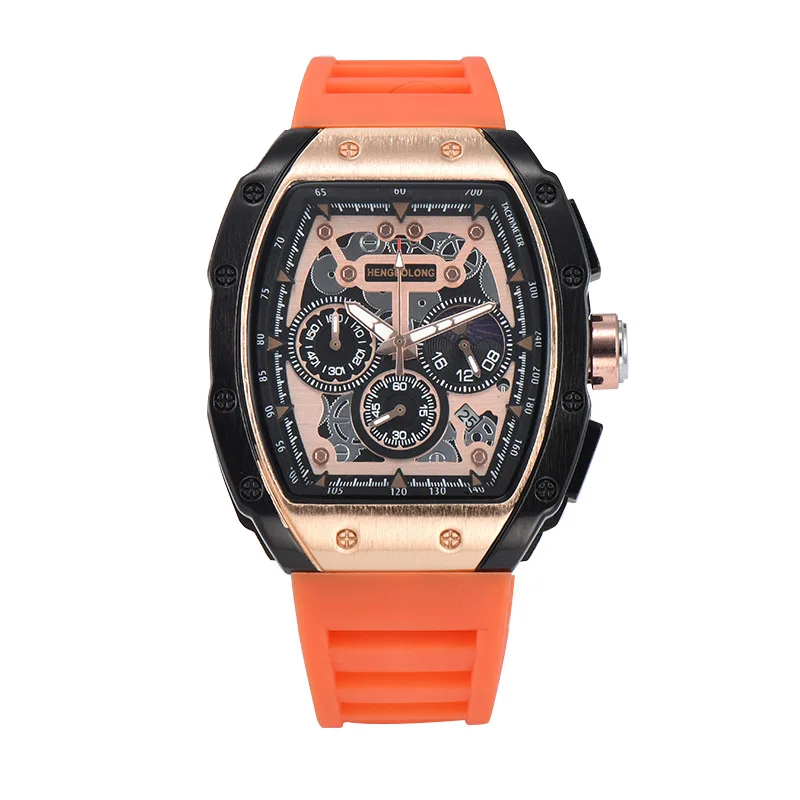 Skeletonized men's business sports multi-functional perpetual calendar quartz watch, perpetual calendar tape wristwatchbronze