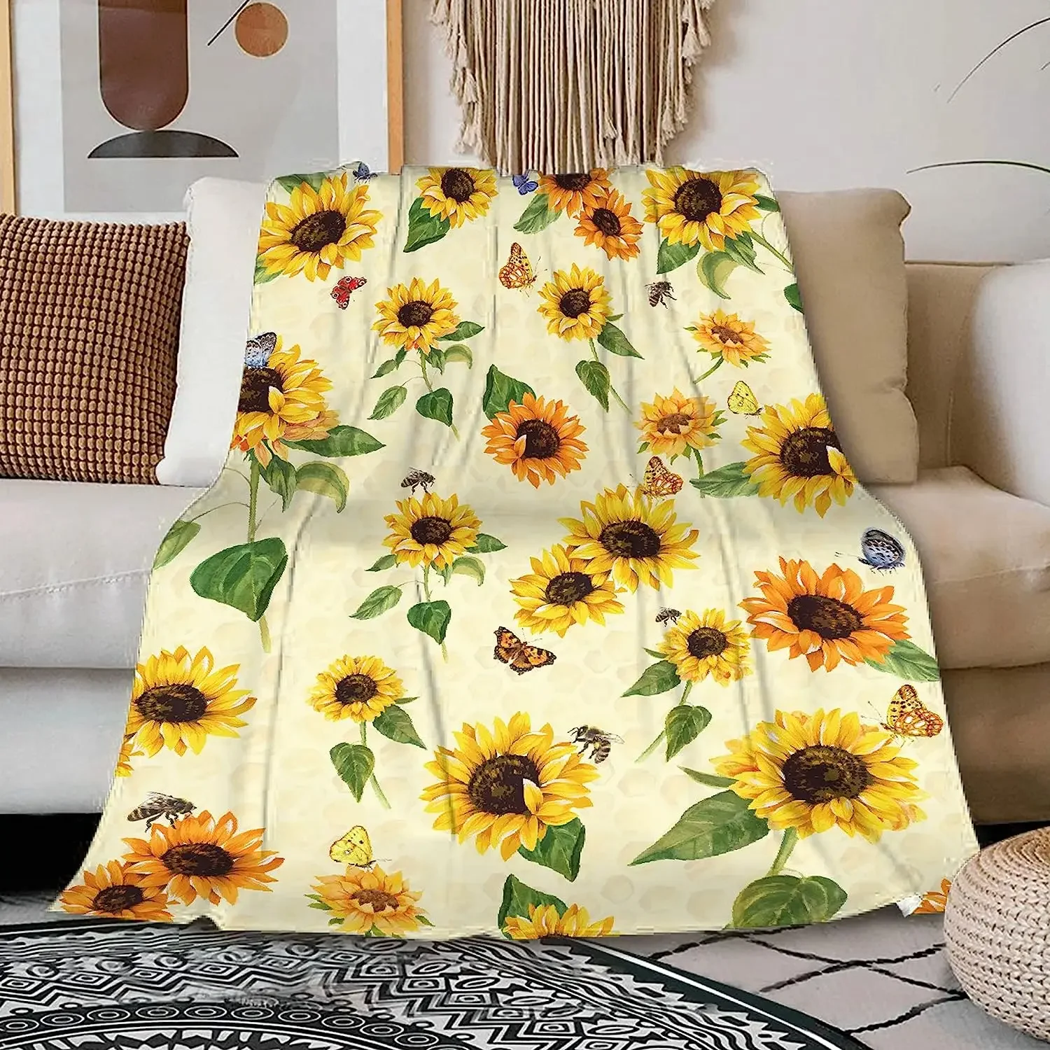 Sunflower Butterfly Flannel Throw Blanket Soft Comfortable Easy to Carry for Couch Office Outdoor Travel Suitable for