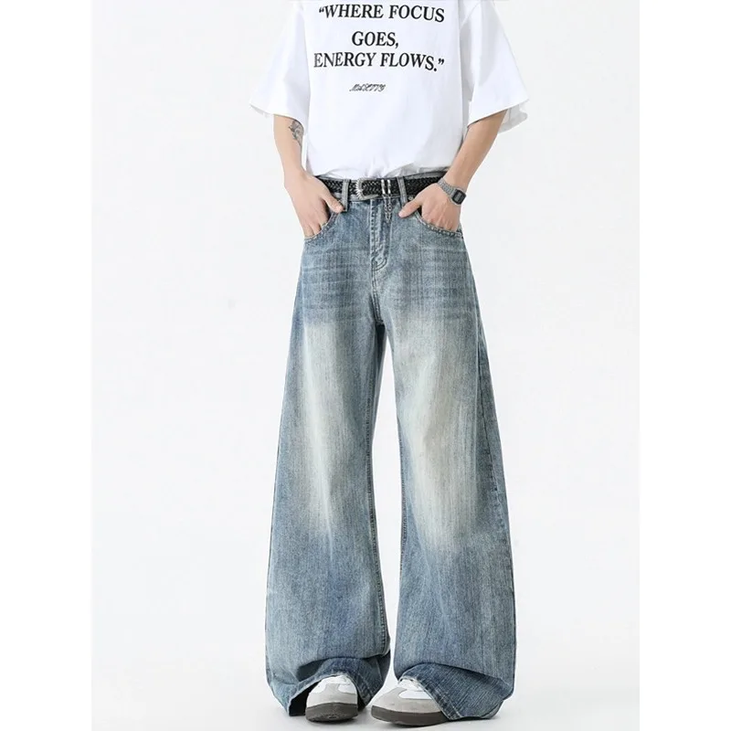 Summer American Retro Bamboo Texture Curved Jeans Unisex Streetwear Wide Leg Versatile Long Pants