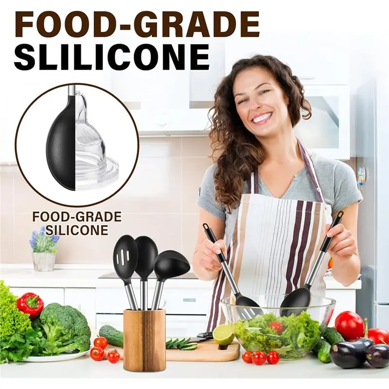 Time Saving 3 Pcs Silicone Cooking Spoon Set, Kitchen Utensils Include Solid & Slotted Spoon, Soup Ladle, Non-Scratch Spoons
