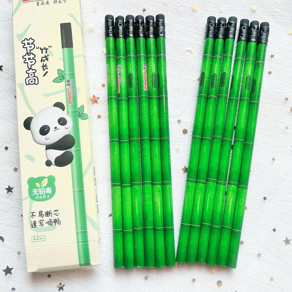 12pcs kawaii panda bamboo Wooden pencils Stationery supplies Art drawing pencils for School students School items Kids prizes