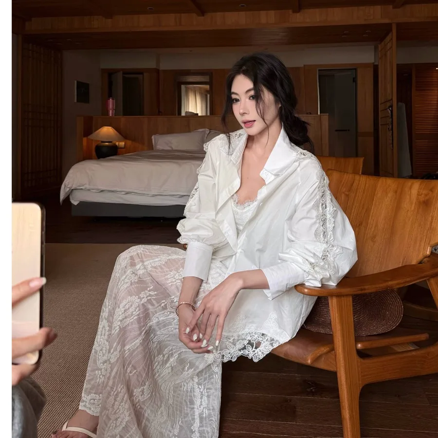 

Long Sleeve Lace Shirt And Half Skirt Set Simple Fashion White High End Feelings Splicing Design Women's Collar Button u...