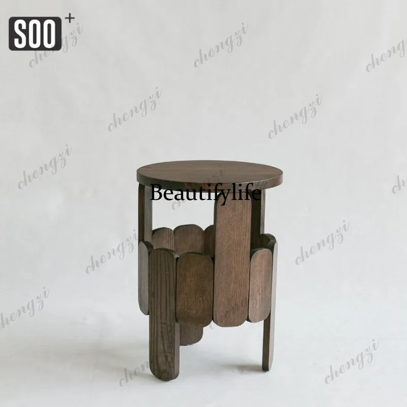 Designer side table, white ash wood solid wood small round table, living room art decoration side table