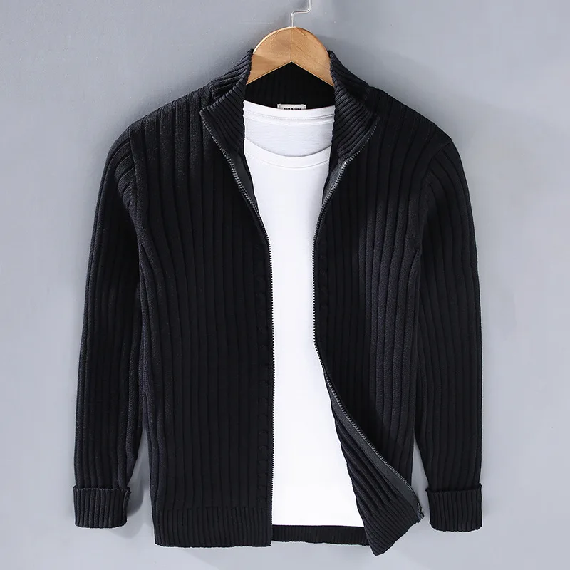 8525 Spring Autumn Knitting Cardigan For Men Korean Style Simple Solid Color Zipper Slim Warm Half Turtleneck Knitted Sweaters